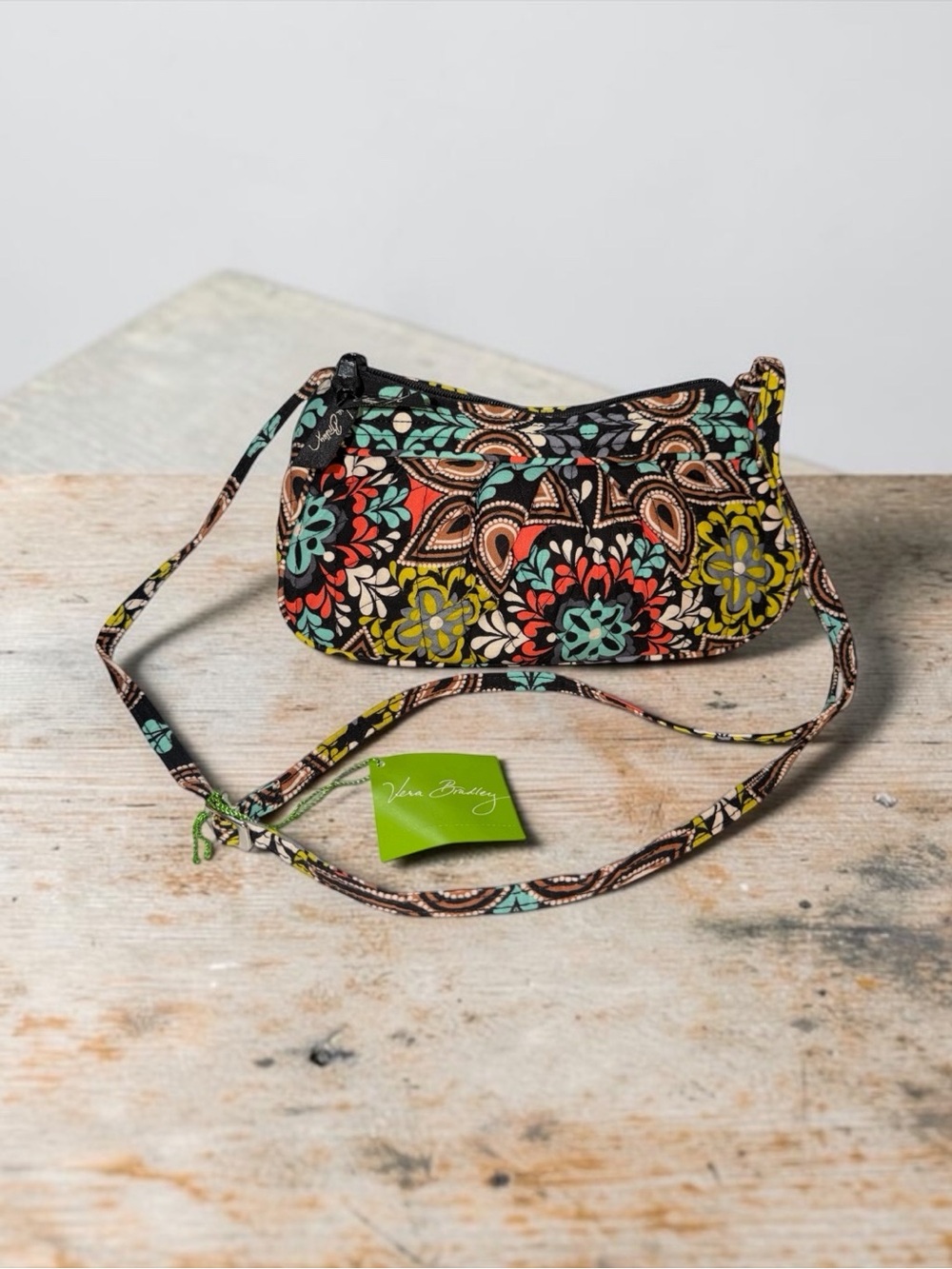 Vera Bradley Black Floral Mosaic Crossbody with Teal and Yellow Accents